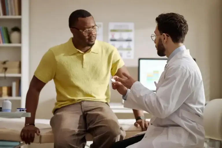 Male patient having a private consultation with a doctor about hemorrhoid treatment options