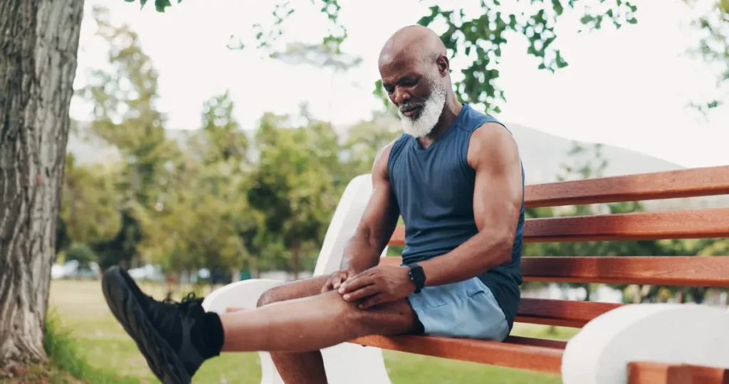 Older man holding his painful knee while resting on a park bench, a common sign of knee osteoarthritis