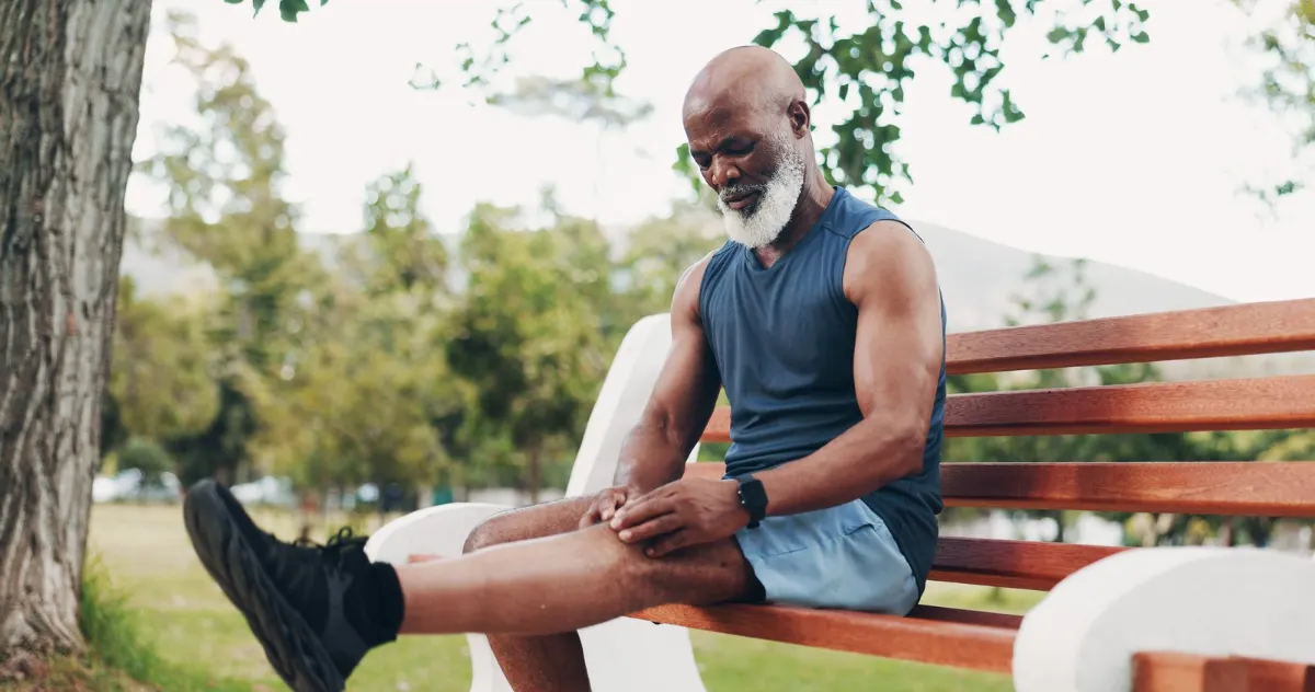 Older man holding his painful knee while resting on a park bench, a common sign of knee osteoarthritis